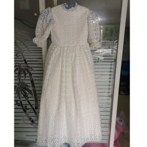 Half Sleeve White Lace Flower Girl Dress For Wedding Puffy Balloon Sleeve Pricness Pageant Birthday High Neck Girl Dresses