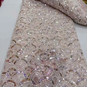 2025 New African French Nigerian High End Lace Fabric With Beads Sequins Mesh for Embroidery Wedding Party Bride Sewing Dress