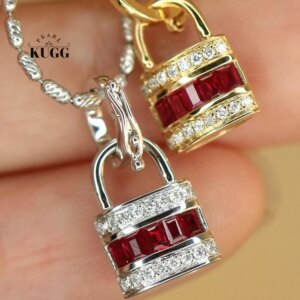 KUGG 100% 18K White/Yellow Gold Pendant Fashion Lock Shape Shiny Diamond Natural Ruby Necklace Pendant for Women Birthday Gift