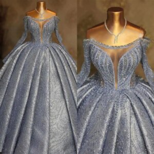 Exquisite Evening Dresses For Women Off Shoulder Long Sleeves Gown Sequins Sweep Train Dress Party Customized Dress