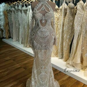 Sparkling Crystal Halter Neck Mermaid Gown Luxury Tassel Beading Hollow Out Evening Dress