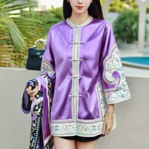Spring Fashion New Chinese O-Neck Exquisite Acetate Fabric Butterfly Love Flower Embroidery Loose and Elegant Women’s Coat M-XL