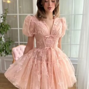 Custom make 3D Butterfly Tulle Homecoming Dresses for Teens A-Line Short Sleeve Prom Cocktail Dress with Butterfly Appliques