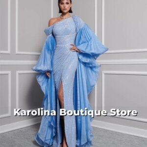 Blue Beaded Cape Sleeves Evening Dresses Satin One Shoulder Pleated Mermaid Trailing Wedding Host Party Woman Prom Customized