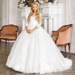 Flower Girl Dresses White Floral Appliques With Trailing Half Sleeve For Wedding Birthday Party Banquet Princess Gown Customized