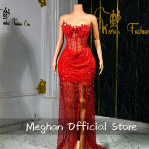 Red Prom Dresses Black Girls Sequined African Women Formal Wedding Party Dress High Slit Evening Gowns Customized