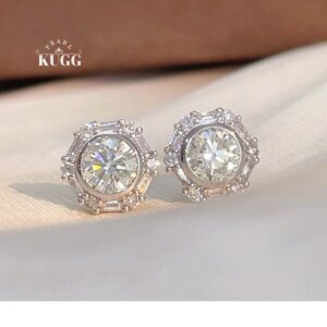 KUGG 100% 18K White Gold Earrings Luxury Shiny Design Real Natural Diamond Stud Earrings for Women High Party Jewelry