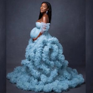 Women’s Off Shoulder Tulle Robe Pregnancy Dresses for Maternity Photoshoot Puffy Ruffles Bridal Lingerie Bathgown