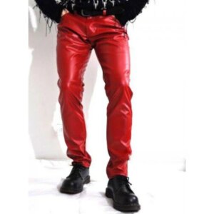 Men Red Party Wear Genuine Sheepskin 100% Leather Pant Narrow Casual Jogger
