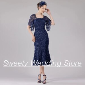 Navy Mother of The Bride Dress Batwing Sleeves Square Neck Exquisite Lace Mermaid Guest Party Gown for Weddings Mid-Calf