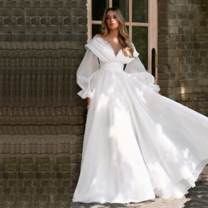 Customized New Sexy V-Neck Invisible Backless A-Line Wedding Dress Puffy Sleeve Decal Beaded Organza Elegant Bride Dress 2025
