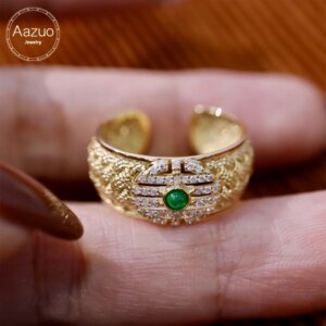Aazuo 18K Yellow Gold Natrual Emerald Real Didmonds Fashion Open Ring Gift For Women Engagement Wedding Party High Qquality