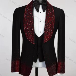 Red Crystals Groom Men Suits Pants Set 2 Pcs Blazer+Trousers Cotton Black Wedding Tuxedos Prom Jacket Formal One Button Coat