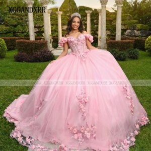 Lovely Pink Flower Quinceanera Dress 2024 Long Train Back Layers Sweet 16 Birthday Party Gown Puffy Princess Vestidos De 15 Años