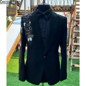 Black Blazers Men Suits Sequined Appliques Beading Fashion Banquet 2 Piece Business Jacket Pants Trousers