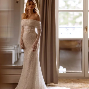 Shiny Mermaid Evening Dress Long Sleeves Off The Shoulder Sweetheart Neck Sexy Prom Party Gown Women Court Train فساتين السهرة