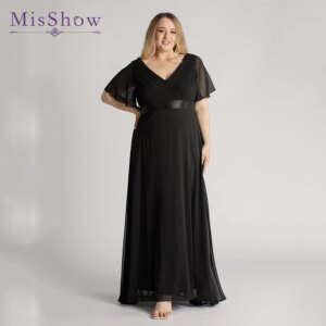 MisShow Chiffon Bridesmaids Dresses 2025 Black Short Sleeve Pleated Elegant Long Wedding Party Prom Gowns Customized