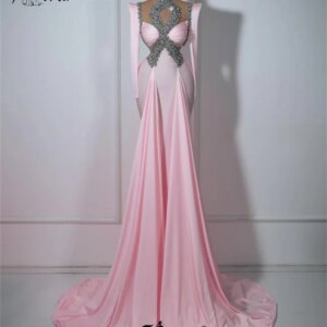 Elegant Pink Major Crystals Mermaid Evening Party Dress Long Sleeves Sparkly Beading Sweep Train Formal Occasion Gown Celebrity