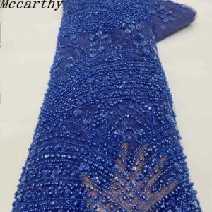 Africa Lace Fabric 5yards High Quality 2025 Nigerian Bule Sequins Lace Beaded 3D Embroidery Flower Lace Fabric For Sewing