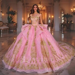 Glitter Pink Quinceanera Dresses Appliques Lace Bead Tull Sweet 16 Party Wear Vestidos 15 De Novia Customized Spaghetti Straps