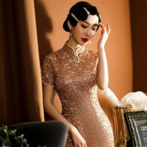 Women’s lace beaded evening dress modified slim-fit cover buttock party