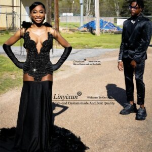 Sparkly Diamonds Rhinestones Mermaid Prom Dress Glitter Crystals Feathers Evening Party Dress Sexy Black Girl robes de soirée