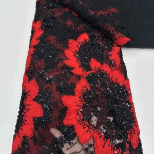 Black African Lace Fabric 2025 French Beaded Lace Fabric Nigerian Sequins Embroidery Net Lace Fabrics For Bridal Party Dresses