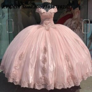 EVLAST Customized Pink Quinceanera Dress Ball Gown Shiny Lace Applique Beading Corset Sweet 16 Vestidos De XV 15 Anos SQ2
