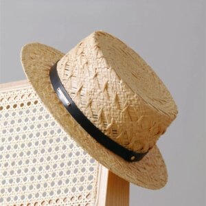 Summer hat children’s grass hand-woven belt flat brim top for seaside holiday