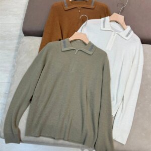 Autumn Winter New Cashmere Pullover Half Zipper Turn-down Collar Beaded Long Sleeve Knitted Sweater Female