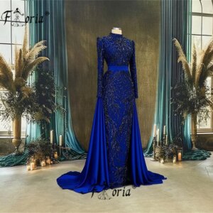 Aso Ebi Women Long Sleeves Beaded Evening Dress Blue Detachable Train 3D Lace Appliques Muslim Dubai Wedding Party Gowns 2025