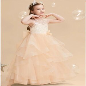 Flower Girl Dresses for Wedding Floor Length First Communion Gowns Tulle Birthday Dance Party Ruffles With Bow Sleeveless