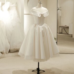 Off The Shoulder Satin Short Wedding Dresses For Women New Elegant Sleeveless A Line Tea Length Bridal Party Gown TSWD419