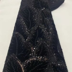 Luxury Velvet Lace Fabric 5 Yars High Quality 2024 Black Beaded Lace Fabric Fashion Sequin African Laces Fabric For Women A791-1