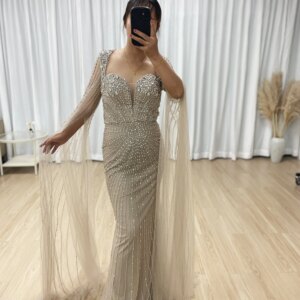 MYMB new Caramel Pink Cape Sleeves Beaded Saudi Arabic Evening Dresses Gowns for Women Formal Occasion Customized MB40393