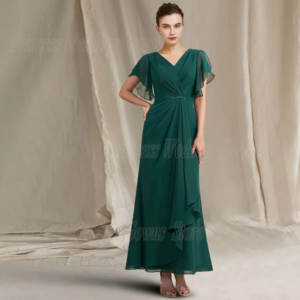 Customized Simple Exquisite A-line Chiffon Prom Dresses V-neck Bespoke Occasion Gown Anke length Fold Draped