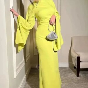 Yellow High Neck Prom Dresses Long Sleeves Tassels Mermaid Saudi Arabic Evening Gowns Occasion Formal Party Dress
