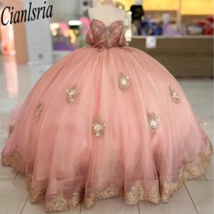 Blush Pink Off The Shoulder Bow Quinceanera Dresses Ball Gown Beading Crystal Appliques Lace Sweet 15 Birthday Party