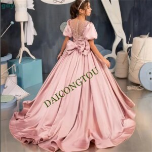 CustomizedPink Satin Flower Girl Dress For Wedding Puffy Applique Short Sleeves Floor Length With Bow Birthday Party First Commu
