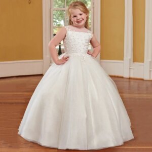 Tulle Flower Girl Dresses Ivory Flory Appliques Sleeveless For Wedding Birthday Party Banquet Princess Holy Communion Gown