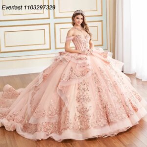 EVLAST Customized Blush Pink Quinceanera Dress Ball Gown Shiny Lace Applique Beading Ruffles Sweet 16 Vestidos De 15 Anos TQD840