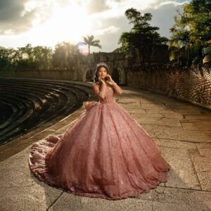 Customized Shiny Pink Off Shoulder Quinceanera Dress sequin applique 3D flower Lace Long tail Bow vestidos de 15 Quinceanera