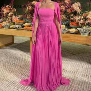 Classic Long Pink Square Collar Chiffon Prom Dresses Full Sleeves A Line Pleated Floor Length  מסיבת שמלות