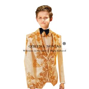 Exquisite Boys’ Attire Formal Wedding Tuxedos Gold Crystals Beaded Kids Formal Occasion Dresses 3Pc Customized traje formal niño