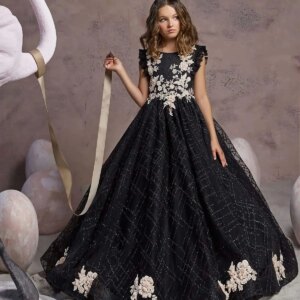Black Flower Girl Dresses For Weddings Ball Gown Cap Sleeves Appliques Lace Long First Communion Dresses Baby Kids Customized