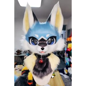 Furry Blue Yellow Husky Cool Long Hair Dog Fox Mascot Head Fursuit Party Cosplay