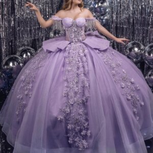 Lilac Shiny Princess Quinceanera Dresses Off Shoulder Appliqued Flower Beading Crystal Tull Sweet 16 Dress Ball Gown Vestidos 15
