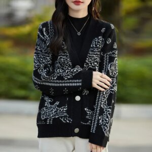 Autumn And Winter New 100% Pure Wool High-End Lazy Women’s Thick Warm Cardigan Ink Painting Leisure Knitted Coat