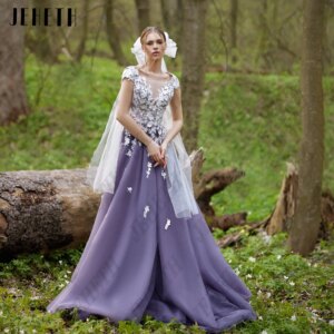 JEHETH Applique Lace Prom Dress 2025 Cap Sleeves Backless Scoop Neck Long Evening Gowns Formal Occasion Dresses Customized