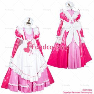 fondcosplay adult sexy cross dressing sissy maid long lockable hot pink thin PVC vinyl dress white apron CD/TV[G1791]